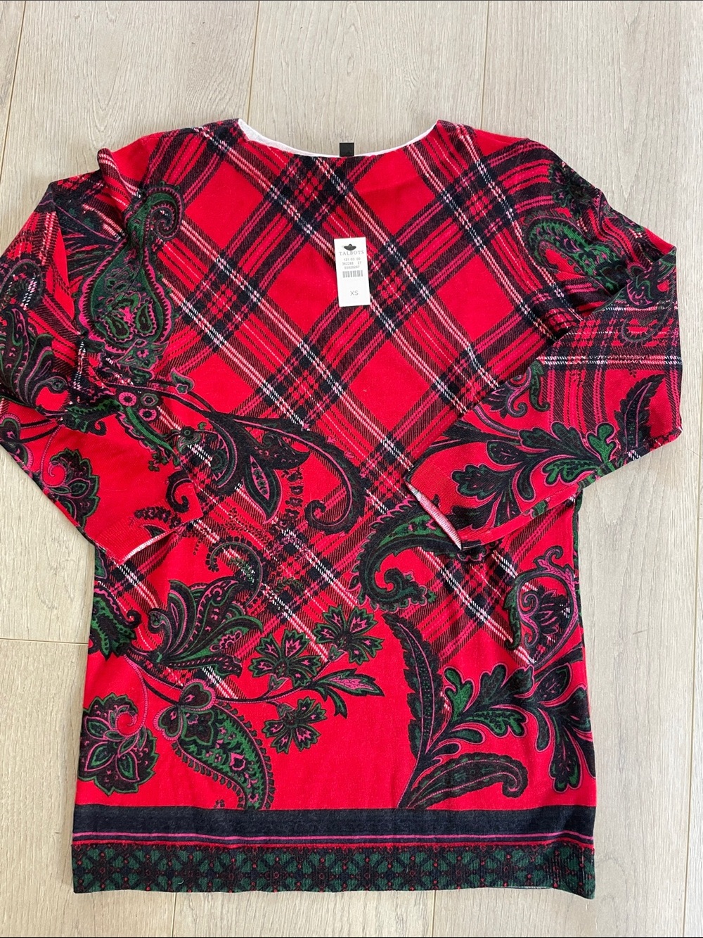 NWOT Talbots Red Plaid & Green Paisley Scoop Neck Sweater